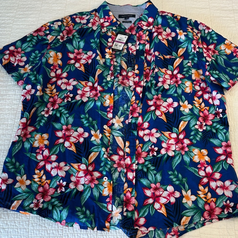 Tommy Hilfiger Hawaiian Linen Cotton Blend Button Down T Shirt NWT Oversized - Picture 2 of 9